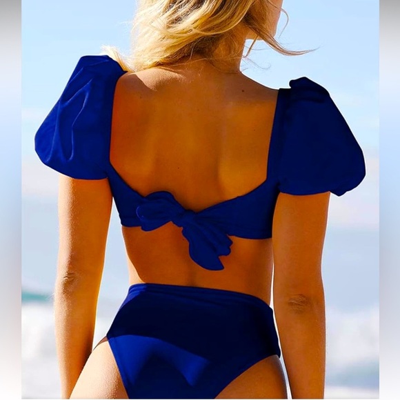 Women High Waisted 2 Piece Swimsuits Puff Sleeve Top with Bikini Bottom Strappy - Picture 3 of 13